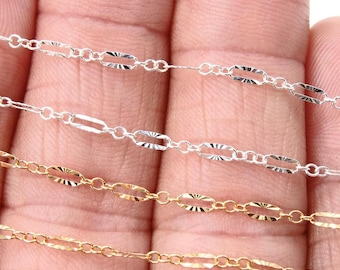 14 K Gold Filled Sequin Bar Chains, 925 Sterling Silver 2.3 mm Bar CH# 875, 5.4 mm Unfinished Chain, Long and Short CH# 988, By the Foot