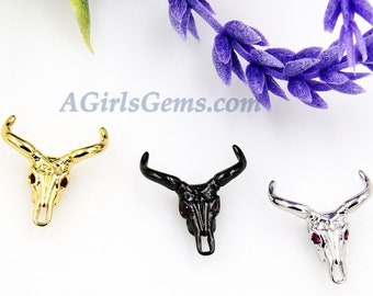 Cow Skull Charms, CZ Micro Pave Gold Plated Bull Skull Pendant Boho Style Charm Beads, Texas Longhorn Cattle, Cowboy Western Jewelry