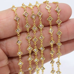 CZ Chain By The Yard, Genuine Diamond Shape CZ Bezel Chain Gold CH #548, Silver Wholesale Cz Connector Chains