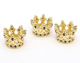 CZ Micro Pave Gold Crown Beads, Small Crown Shaped Beads #3368, Black CZ Queen Crown Spacers, Bracelets Focal Beads