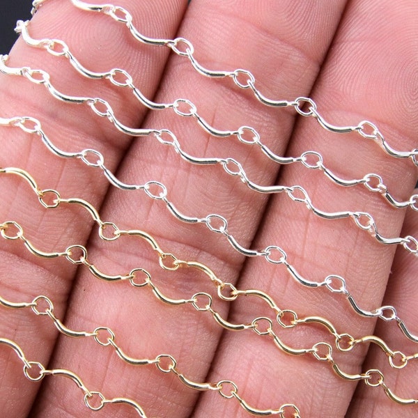 925 Sterling Silver Bar Jewelry Chains,  14 K Gold Filled U Bars and CH #823, Wavy Unfinished Chain, Long and Short By the Foot