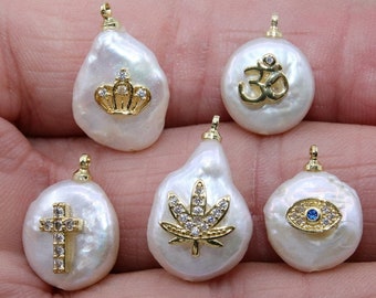 CZ Micro Pave Pearl Charms, AG 931, Freshwater Pearls with Cross, Evil Eye,Crown,OMH, Flowers,Gold Necklace Pendants, Jewelry Making Supplie