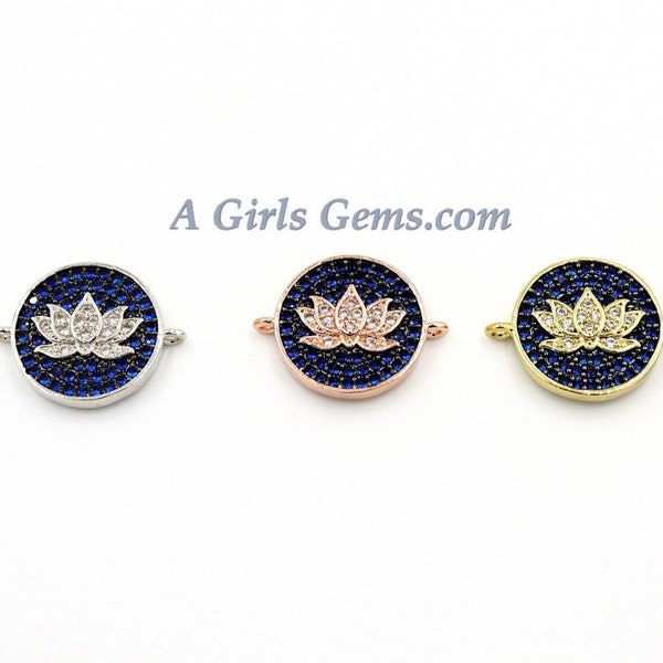 CZ Pave Lotus Flower Connectors , Yoga Charm Blue Disc, Flower Charms Rose, Gold, Silver, Bracelet Links #271