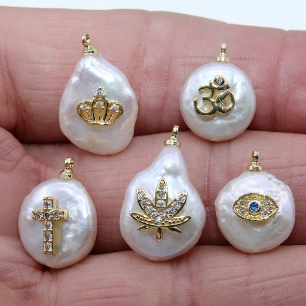 CZ Micro Pave Pearl Charms, AG 931, Freshwater Pearls with Cross, Evil Eye,Crown,OMH, Flowers,Gold Necklace Pendants, Jewelry Making Supplie