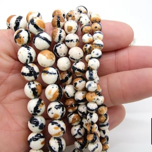Smooth Round Dyed Black and Brown Beads, Tiger Stripe Gold Beige Color Beads BS #86, sizes in 6 mm 8 mm or 10 mm 15.75 inch Strands