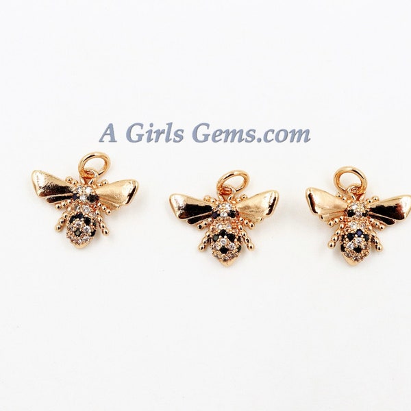 CZ Micro Pave Bee Charms, Tiny Bumble Bee Bracelet Charms Gold/Rose Gold/Black/Silver Insect/Queen/Mary Kay, 11 mm x 15 mm Honey Bee Jewelry