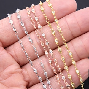 3mm Gold CZ Chain By The Yard, Silver Genuine Cubic Zirconia Chain CH #560, By The Foot, Dainty Rose Gold Minimalist Chain