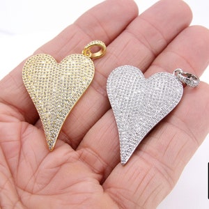 Gold CZ Heart Pendants, Silver Cubic Zirconia Heart Charms AG 397, Large Silver CZ Bail Jewelry Charms, 30 x 42 mm