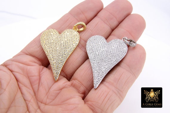 Gold CZ Heart Pendants, Silver Cubic Zirconia Heart Charms AG 397, Large Silver CZ Bail Jewelry Charms, 30 x 42 mm