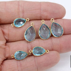 Blue Topaz Teardrop Charms, Gold Plated Oval Blue Gemstones #2854, Sterling Silver December Birthstone, 13x19 mm