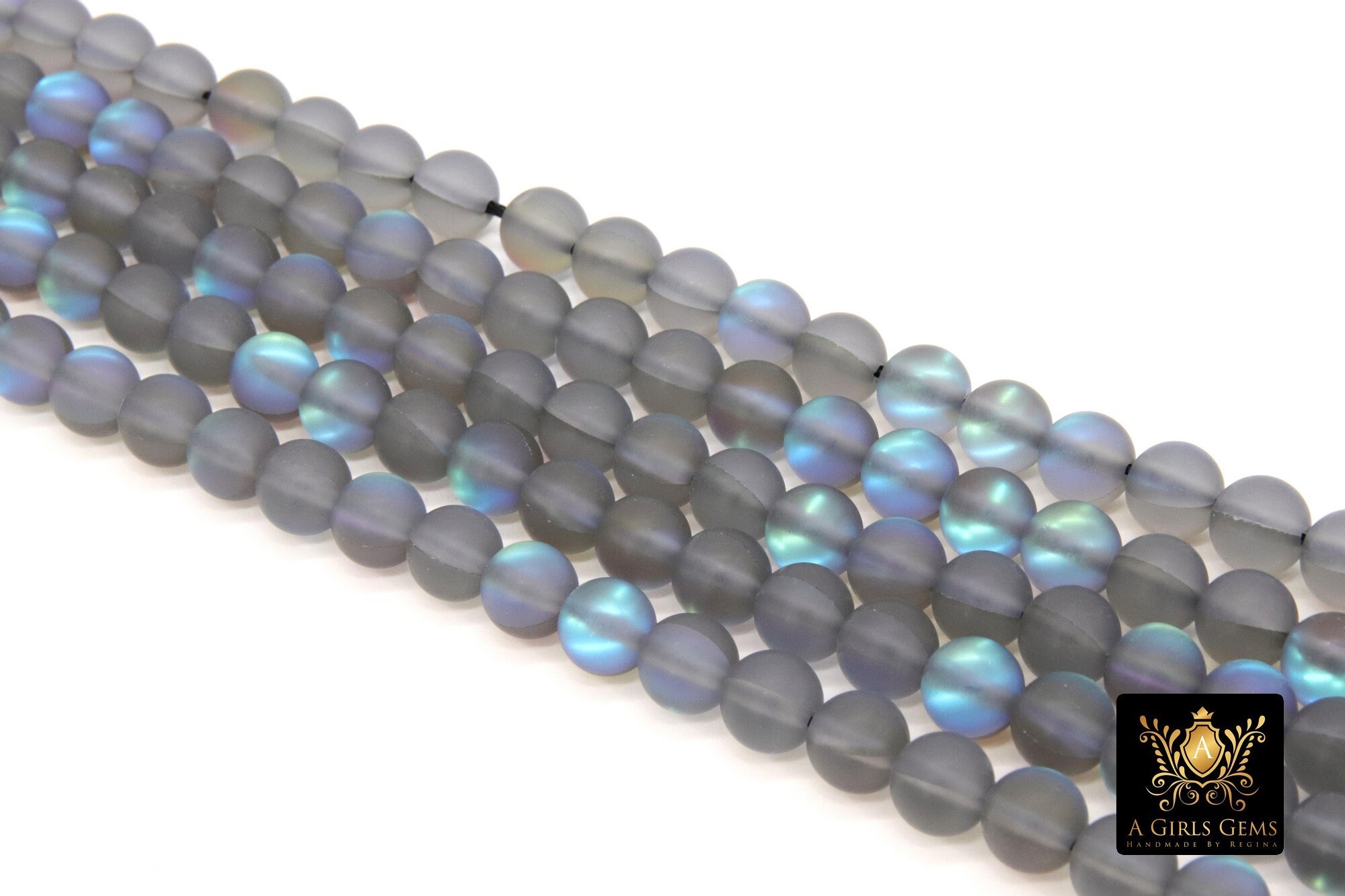 Gray Baby Blue AB Beads, Frosted Aqua Iridescent Beads BS #114, sizes in 8  mm 15.25 inch FULL Strands