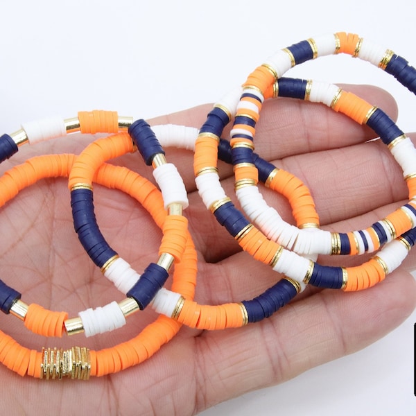 Heishi Beaded Bracelet, Navy Blue Orange White Gold Stretchy Bracelet #698, Auburn Tiger Team School Spirit Clay Beaded Bracelets