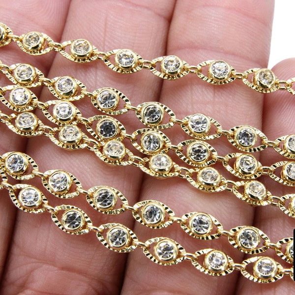 Genuine Cubic Zircon Chains, Gold Evil Eye Shaped Bezel Chains CH #570, 4 mm CZ Textured Connectors Links, 4 x 7 mm