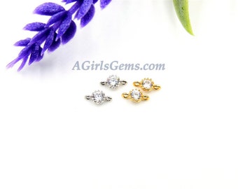 Cubic Zirconia Solitaire Gold Connectors, 3 Pcs 4 mm CZ Jewelry Links #297, 4 x 7 mm Tiny Charms for Earrings, Lariats CZ Micro Pave