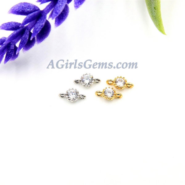 Cubic Zirconia Solitaire Connectors Links - 2 Pcs 4 mm CZ Jewelry Findings #297, 4 x 7 mm Tiny Charms for Earrings/Lariats Cz Micro Pave