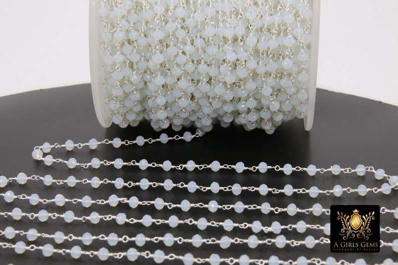 Vit opalkedja, 4 mm silvertrådslindad CH #438, pärlkedja Opalit, klar kedja, rulle i bulk grossist bild 2