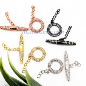 CZ Micro Pave Rose Toggle Clasp, Gold Plated Clasps #45, Cubic Zirconia Necklace Connectors, Soldered chain link, 15 mm and 3 x 26 mm