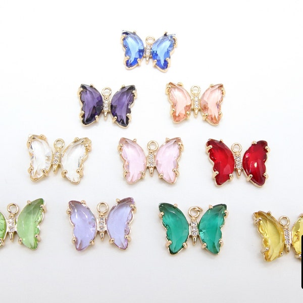 CZ Butterfly Crystal Charms, Gold Crystal Butterflies #2566-2581, Pink Aqua Blue Green Peach and Yellow