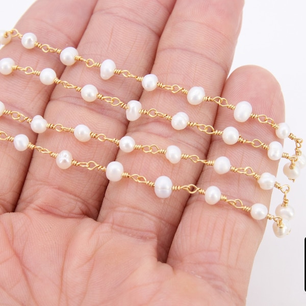 Natural Pearl Rosary Chain, 4 mm Freshwater Beaded Rosary Chain CH #540, Gold Wire Wrapped, Dainty Pearl Jewelry Chains