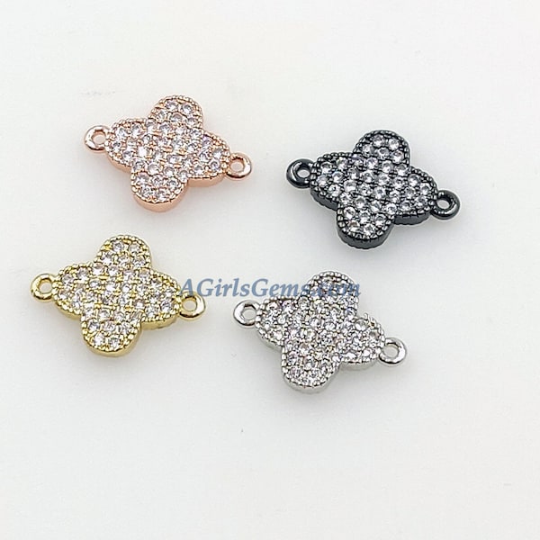 CZ Micro Pave Quatrefoil Clover Connectors, CZ 2 Loop Links #179, Rose Gold, Silver, Black Jewelry Findings
