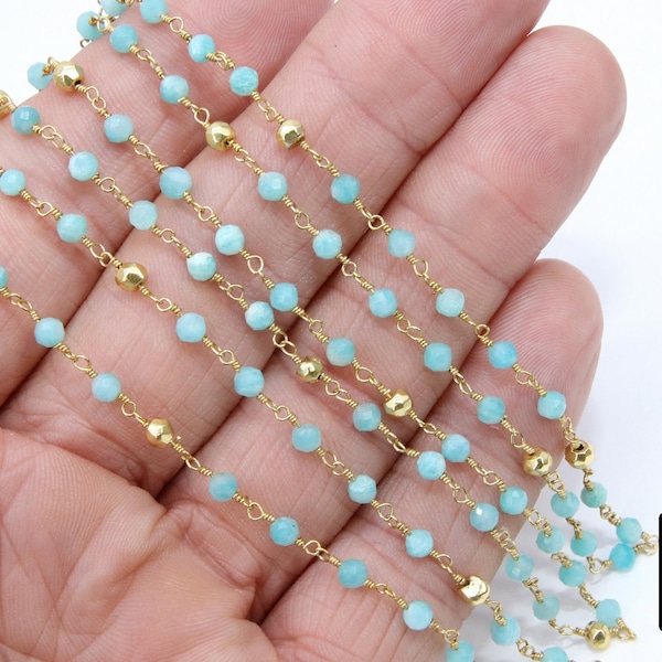 Natural Amazonite Rosary Chain, 4 mm Faceted Gold Pyrite, Wire Wrapped Blue Aqua Rosary Chain, by the Foot Gold Gemstone Rosary Rolls Bulk