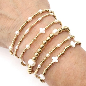 14 K Gold Filled White Pearl Beaded Bracelets, Freshwater Pearl Beaded Stretchy Stacks, Clover Mother of Pearl, Water Proof, Anti Tarnish