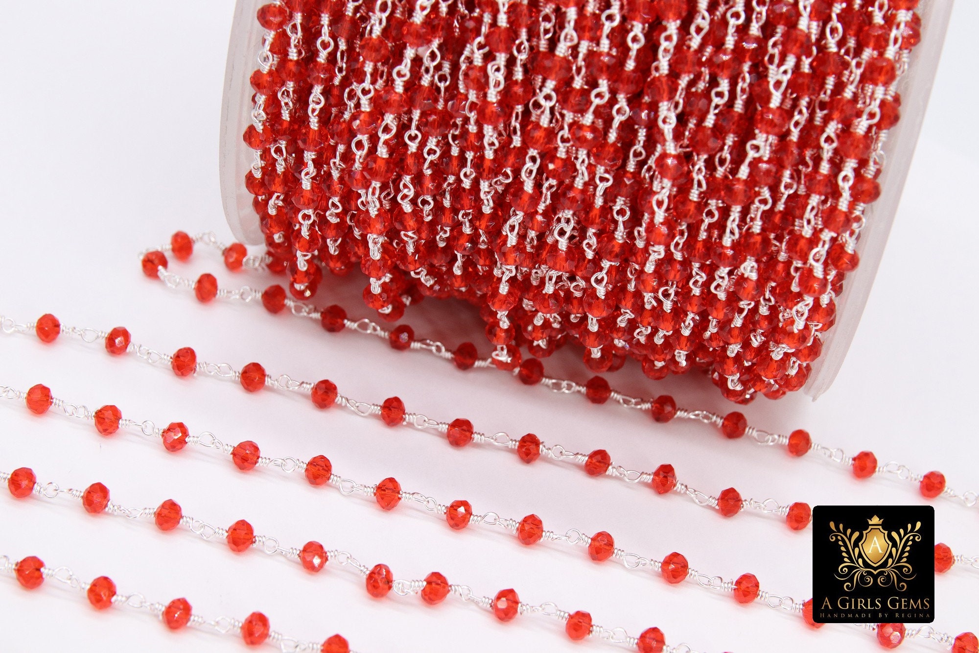 Ruby Red Rosary Chain, Gunmetal Black Wire Wrapped 4 Mm