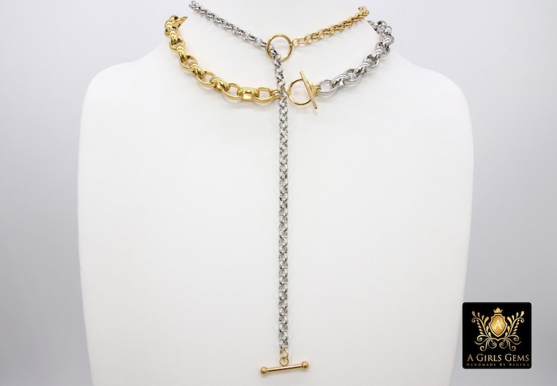 Silver and Gold Toggle Wrap Necklace Two Tone Rolo Lariat Chunky Choker Rolo Chain Necklace