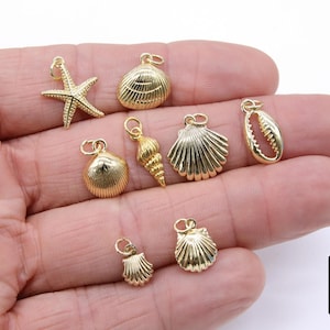Mini Cowrie Seashell Charm, 2 Pc Gold Tiny Nautical Starfish Seashells #2646, Scallop Beach Shell Ocean Charms
