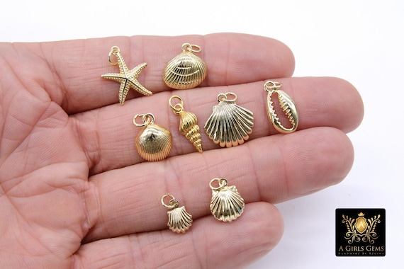 Mini Cowrie Seashell Charm, 2 Pc Gold Tiny Nautical Starfish Seashells # 2646, Scallop Beach Shell Ocean Charms