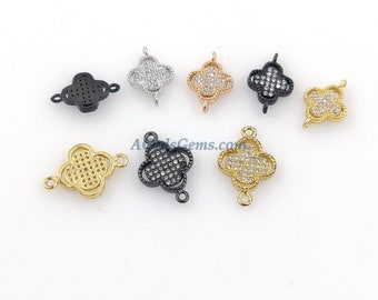 Dije de conector de trébol con micropavé de circonita cúbica, chapado en rodio rosa, plata, oro y negro de 18 quilates, con conectores diminutos de circonita cúbica de 10 x 15 mm.