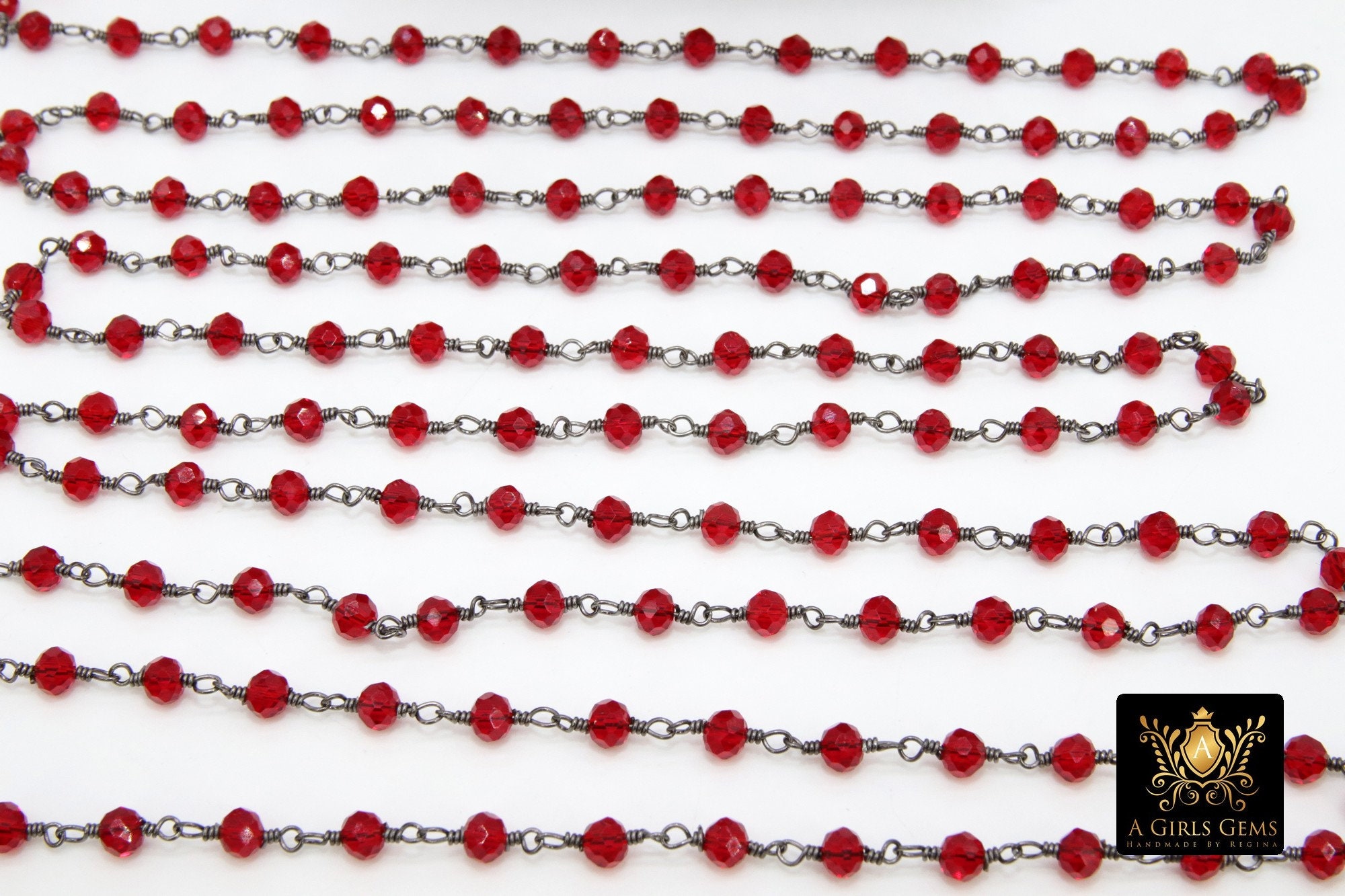 Ruby Red Chain, Gunmetal Black Wire Wrapped 4 Mm Beaded Cranberry Red ...