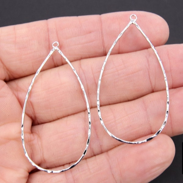 Textured Silver Teardrop Hoop Ear Rings, 30 x 52 mm Glittery Silver Charms #3334 , Oval Hoops High Quality Light Weight Wire Hoops Finding