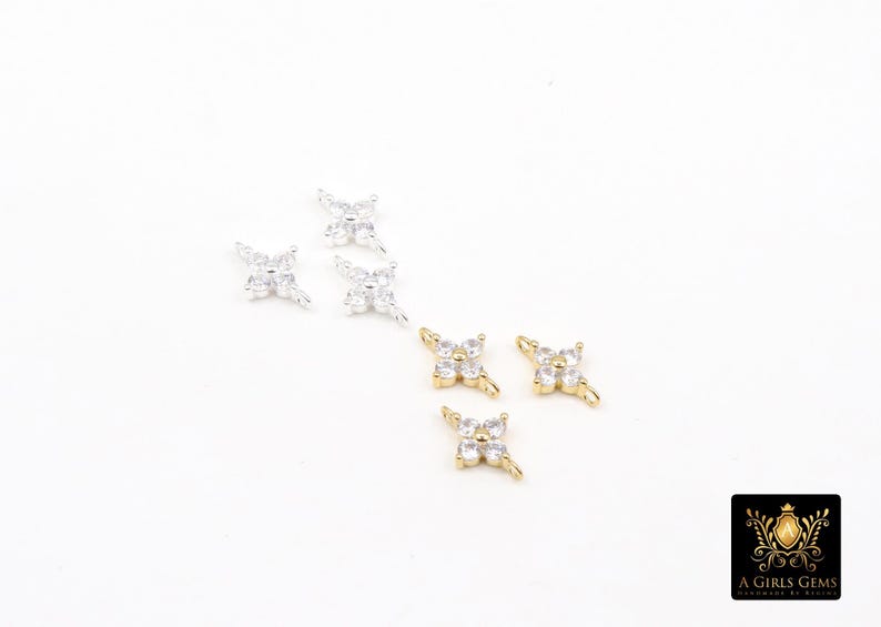 925 Sterling Silver CZ Clover Connectors, 14 K Gold Filled 6 mm Cubic Zirconia Quatrefoil Perpendicular Links # 3668, Minimulist, 6 x 9 mm image 5