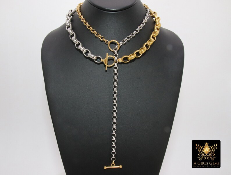 Silver and Gold Toggle Wrap Necklace Two Tone Rolo Lariat Chunky Choker Rolo Chain Necklace