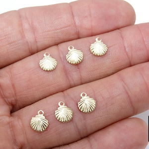 May include: Six gold-coloured seashell charms with a loop for attaching to jewellery. The charms are arranged on a hand.