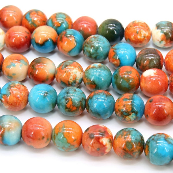 Fossil Beads, Smooth Round Dyed Blue, Orange, Aqua Beads BS #68, sizes in 4 mm 6 mm 8 mm or 10 mm 15.75 inch Strands