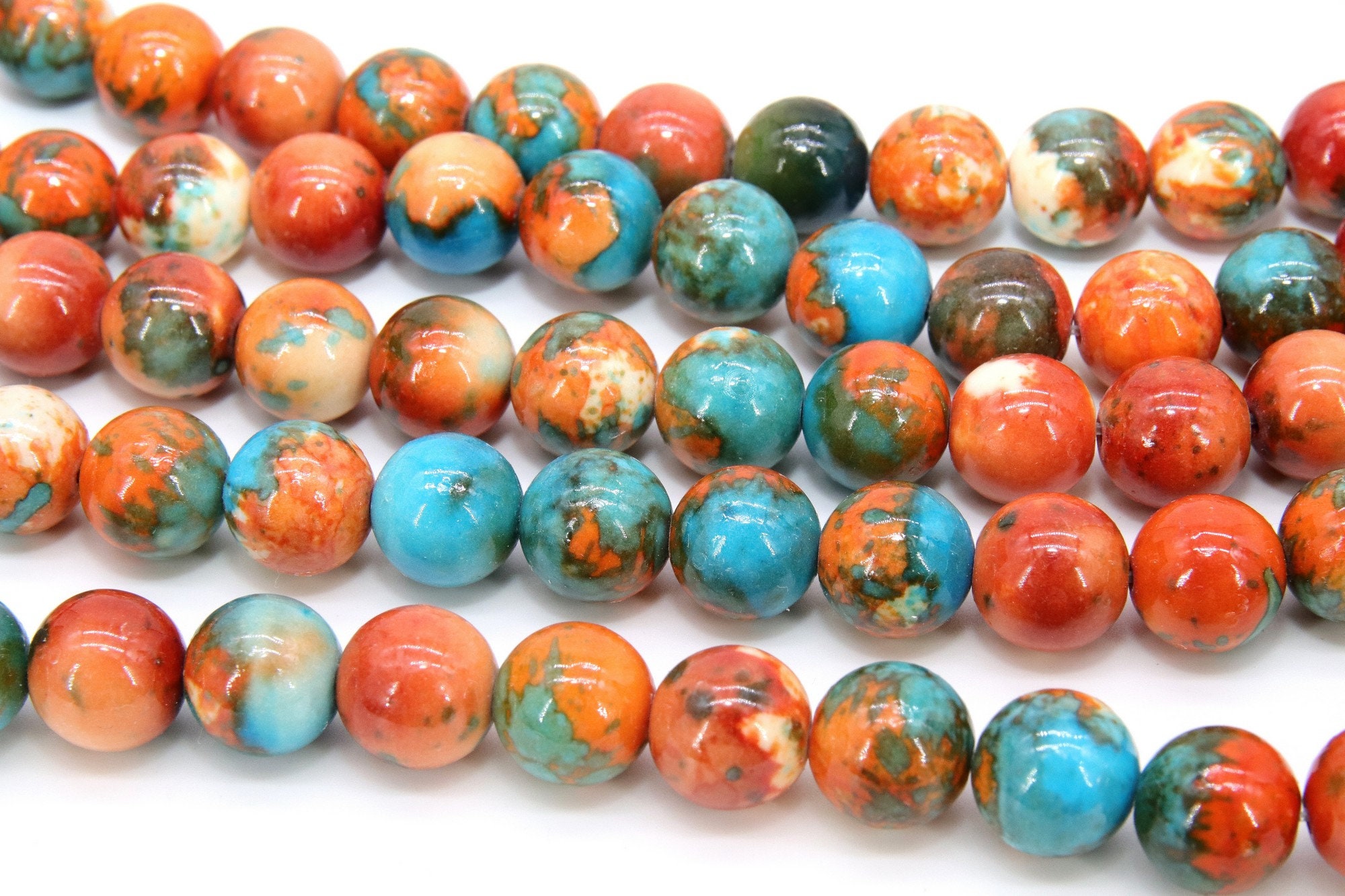 Fossil Beads, Smooth Round Dyed Blue, Orange, Aqua Beads BS 68