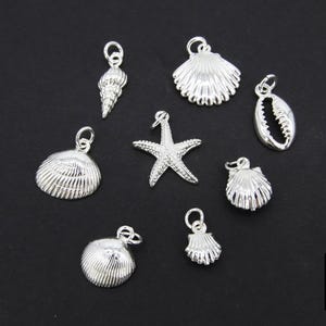 May include: A set of nine silver charms featuring various seashells and a starfish. The charms are perfect for adding a touch of nautical style to jewelry.