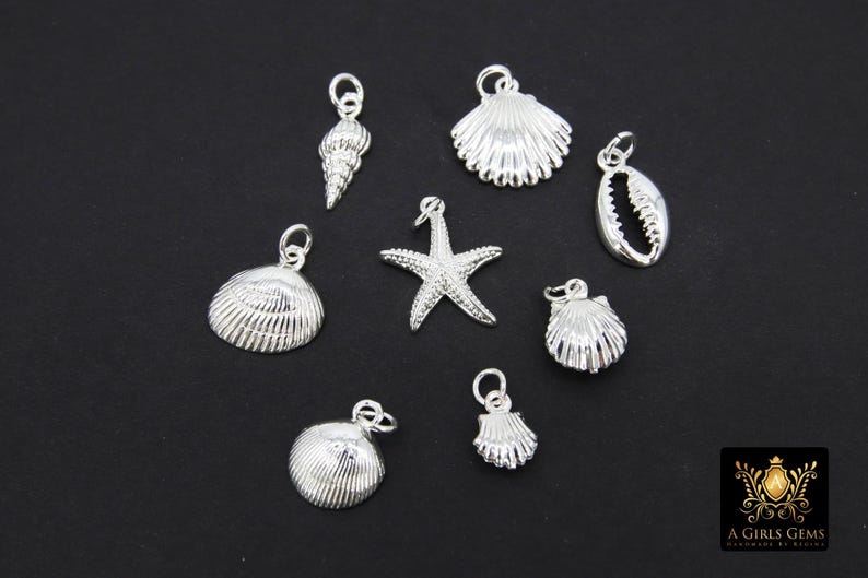 May include: A set of nine silver charms featuring various seashells and a starfish. The charms are perfect for adding a touch of nautical style to jewelry.