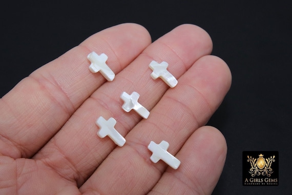 White Pearl Cross Beads, 5 Pc Mother of Pearl Shell Dainty Cross Beads 425,  8 X 13 Mm Cross Bracelet Bead, Religious Cross Jewelry 