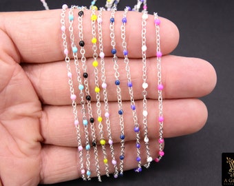 Gold Dainty Beaded Satellite Chain, Baby Blue Enamel Jewelry Chain CH #651, Bright Silver Pink, White, Navy, Purple Beaded, By Yard Unfinish