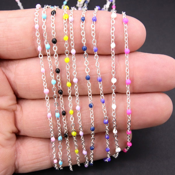 Gold Dainty Beaded Satellite Chain, Baby Blue Enamel Jewelry Chain CH #651, Bright Silver Pink, White, Navy, Purple Beaded, By Yard Unfinish