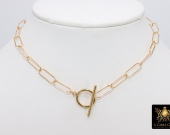 14 K Gold Large Toggle Bar Necklace, Large Double Wrap Rectangle Oval Chain Link Everyday Choker