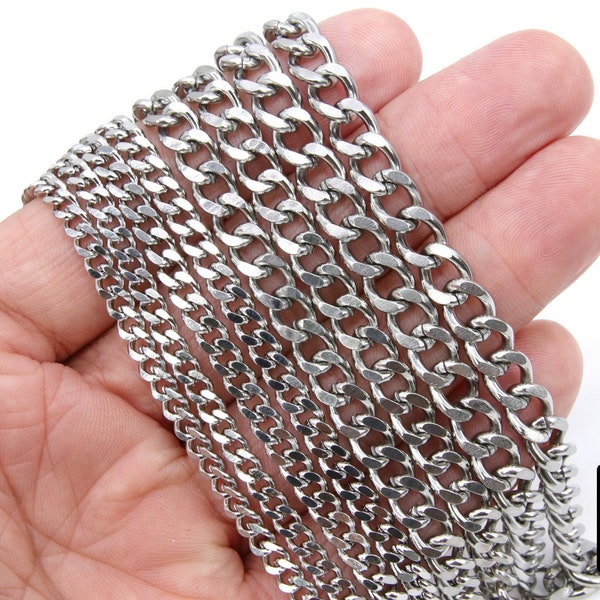 Silver Cuban Curb Chain, Stainless Steel Heavy Flat Miami Chain CH #242, Diamond Cut Chains, Unfinished, 4 Sizes By the Yard