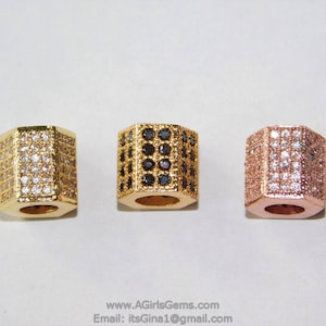 Cz Micro Pave Hexagon Tube Beads,  9 X 9 Mm Cz Micro Pave 18 K Rose Gold/Gold And Black Pave Cz, Large Hole Beads