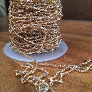 Champagne Crystal Beaded Rosary Chain, 6 mm Gold Wire Wrapped Chains, By the Foot,  Boho Jewelry Chains