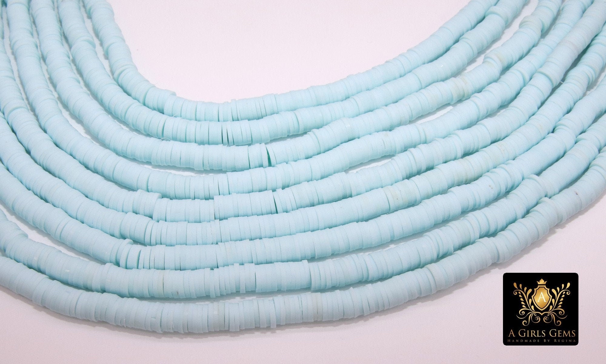 2 Strands 6 mm Clay Flat Beads, Seafoam Blue Heishi beads in Polymer Clay Disc CB #128, Light Blue Rondelle, FULL 17.75 inch Strands