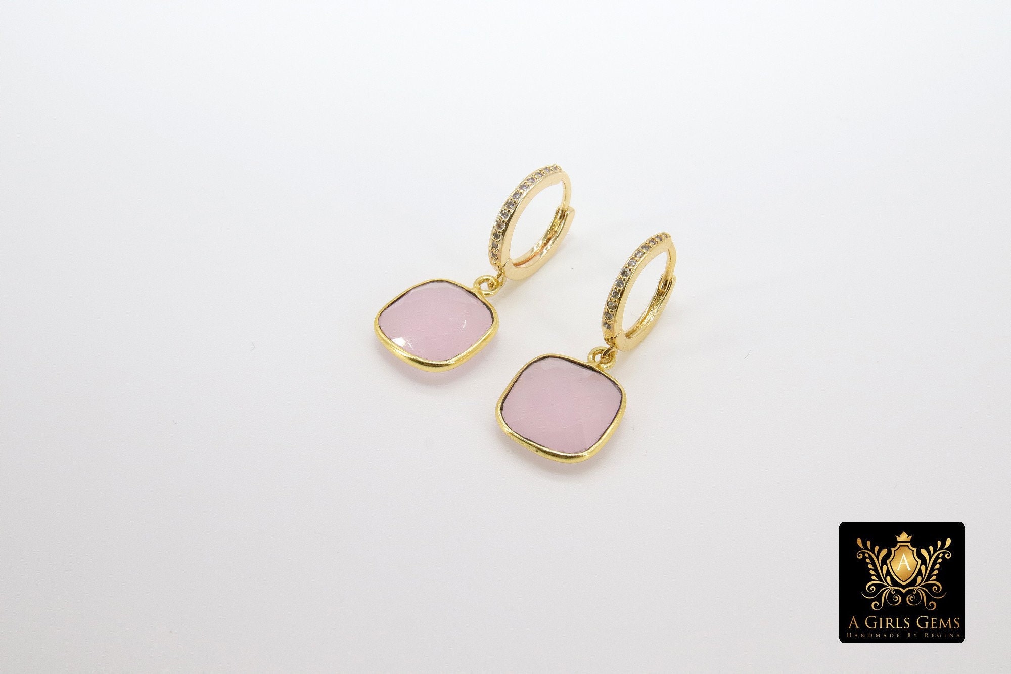 Huggie Hoop Earrings, Rose Quartz Gold Hoops, CZ Square Pink Gemstone Earring, Minimalist Jewelry