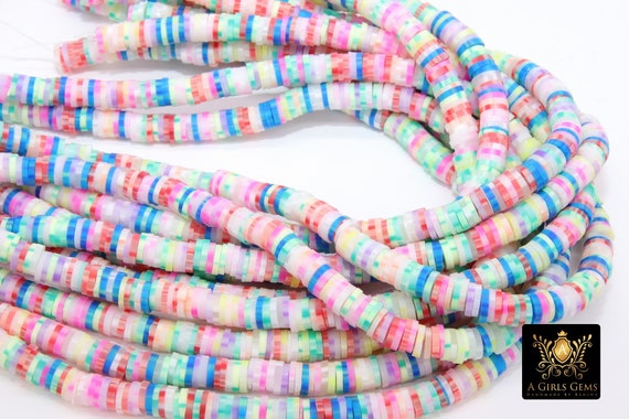 2 Strands 6 Mm Clay Flat Beads, Pink Blue White Heishi Beads in